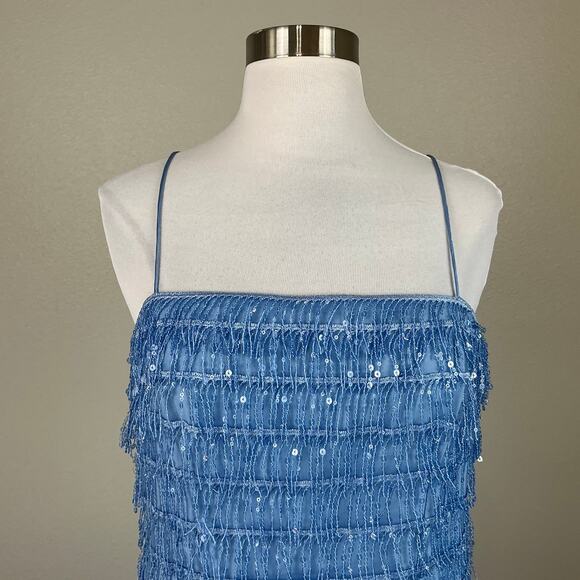 Aidan Mattox Sequined Fringe Mini Sheath Cocktail Dress Blue Size 6 Sleeveless - Picture 7 of 14